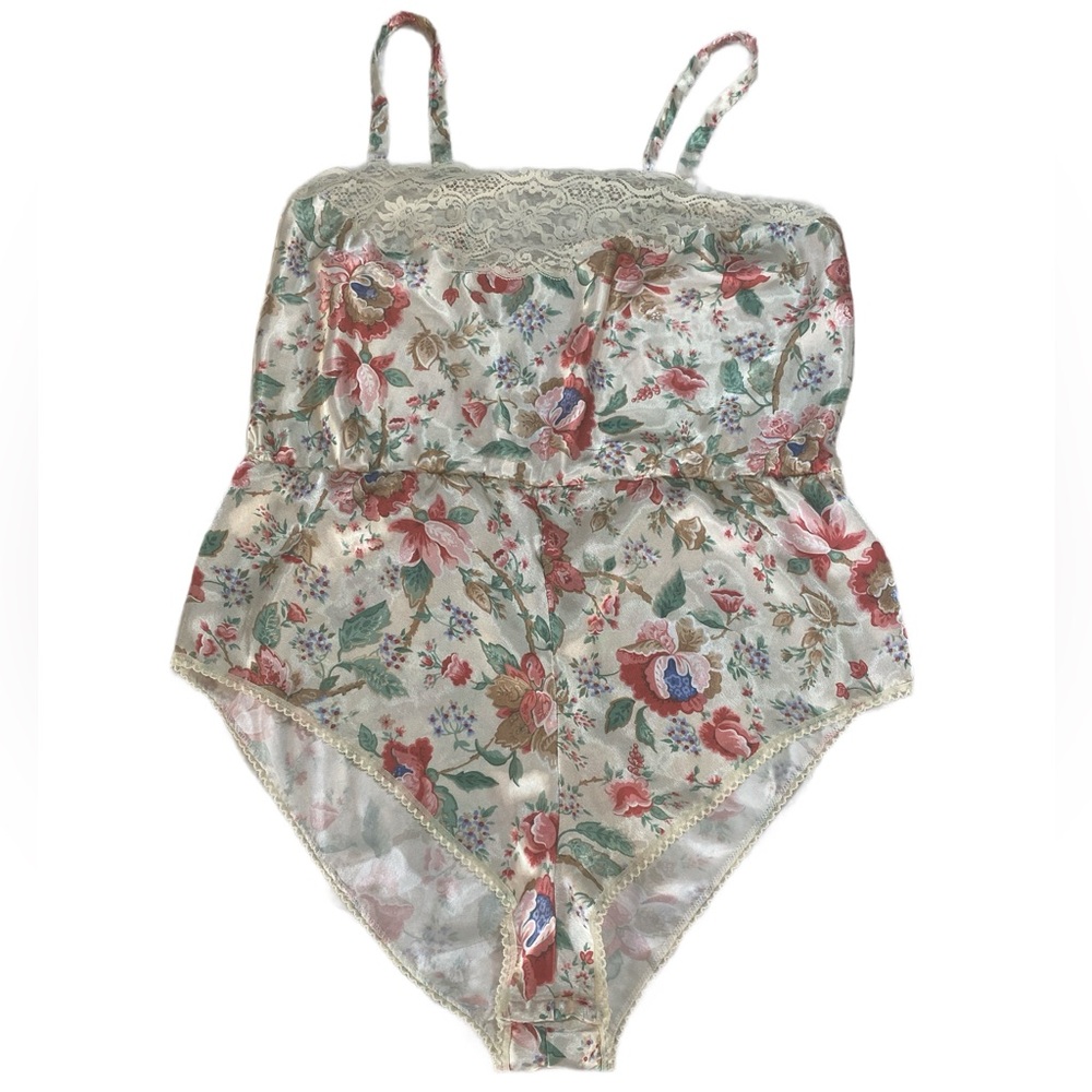 Vintage Floral Satin Teddy Bodysuit L Cream Lace Trim Sleeveless Lingerie